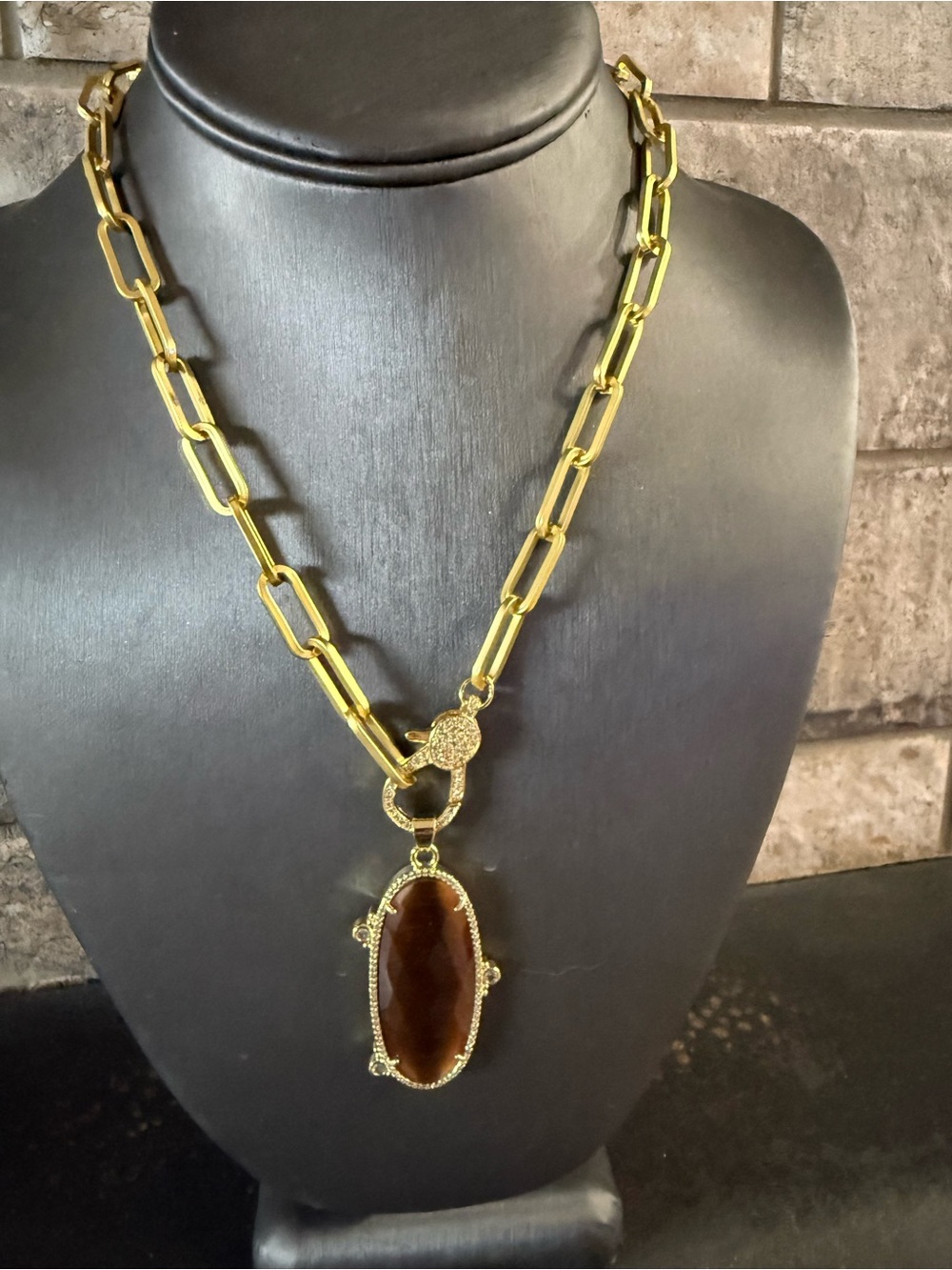 Greida Rothman Gold Paper Clip Chain Necklace with real Tiger Eye pendant